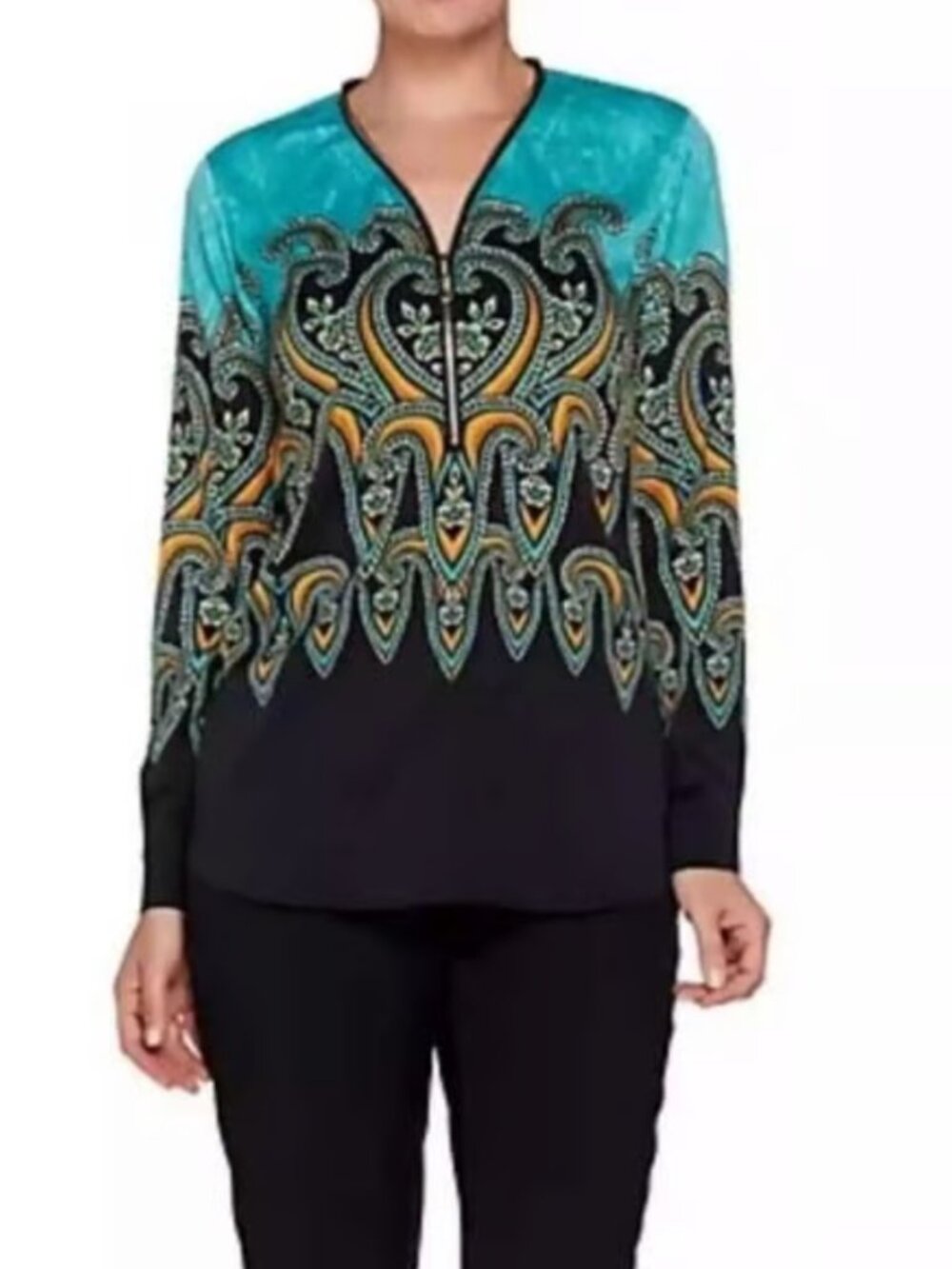 Bob Mackie art to wear Paisley Print Woven Blouse with Zipper Neck Detail 1X